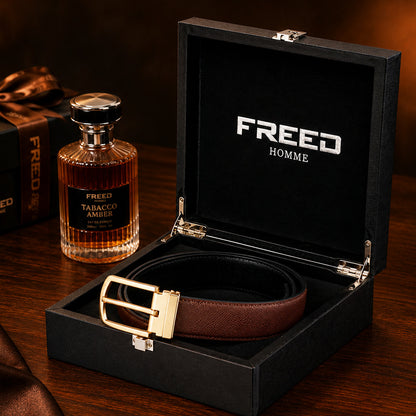 【FREED】霧金馬蹄扣手掌紋超纖維皮帶 - 咖啡面黑底