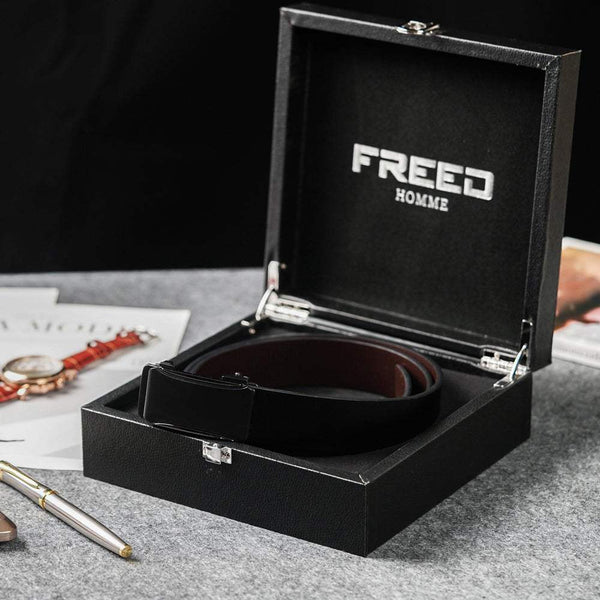 【FREED】極簡霧黑方扣商務休閒頭層牛皮自動皮帶 - 黑色 - FREED