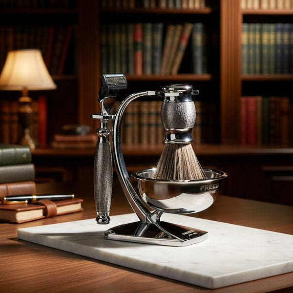 全鍍鎳浮雕五件組，置於書房桌面。FREED 客製化刻字。