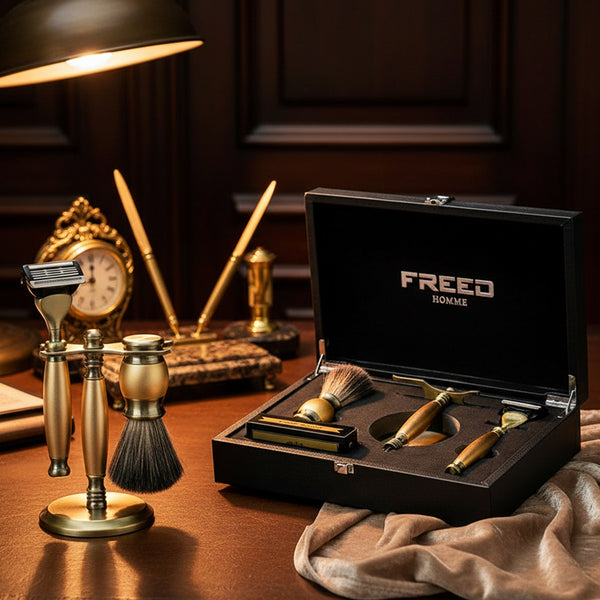 古銅色五刀式刮鬍刀，復古辦公室情境，FREED 客製化刻字。