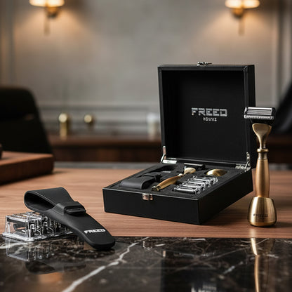 古銅色尊爵四件組，五刀式刮鬍刀，搭配客製化刻字。