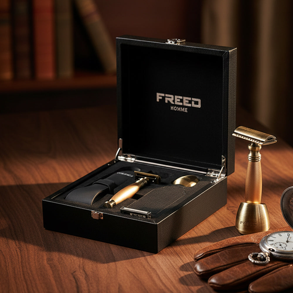 【FREED】古銅系列尊爵四件組雙刃式刮鬍刀禮盒 - 阿波羅 包裝展示