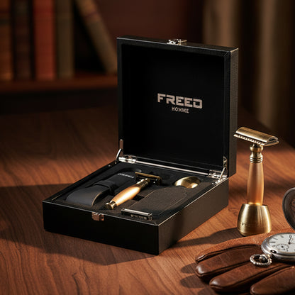 【FREED】古銅系列尊爵四件組雙刃式刮鬍刀禮盒 - 阿波羅 包裝展示