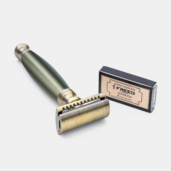 金屬大地綠雙刃刮鬍刀，復古風格，FREED客製化刻字。