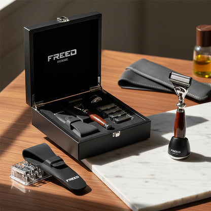 尊爵刮鬍刀禮盒，仿紫紅檀木手柄，FREED 客製化刻字。
