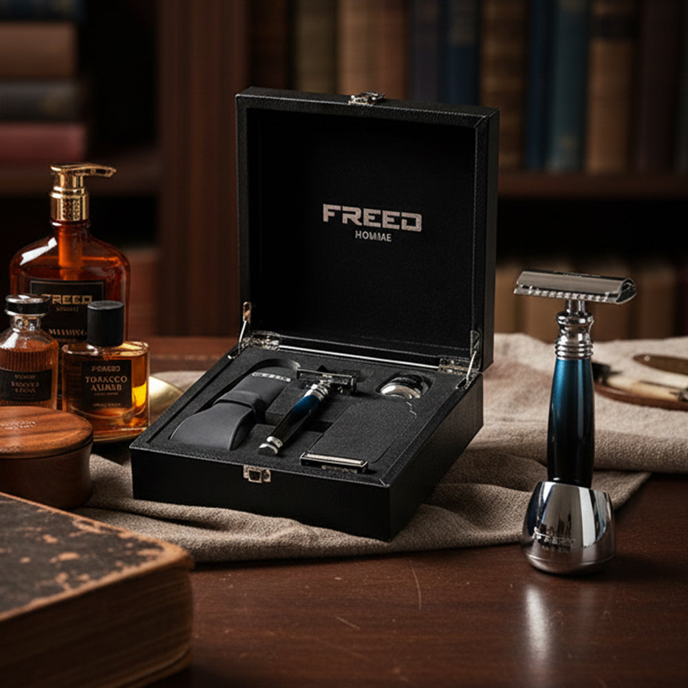 【FREED】尊爵四件組雙刃刮鬍刀禮盒 - 銀河藍 包裝展示
