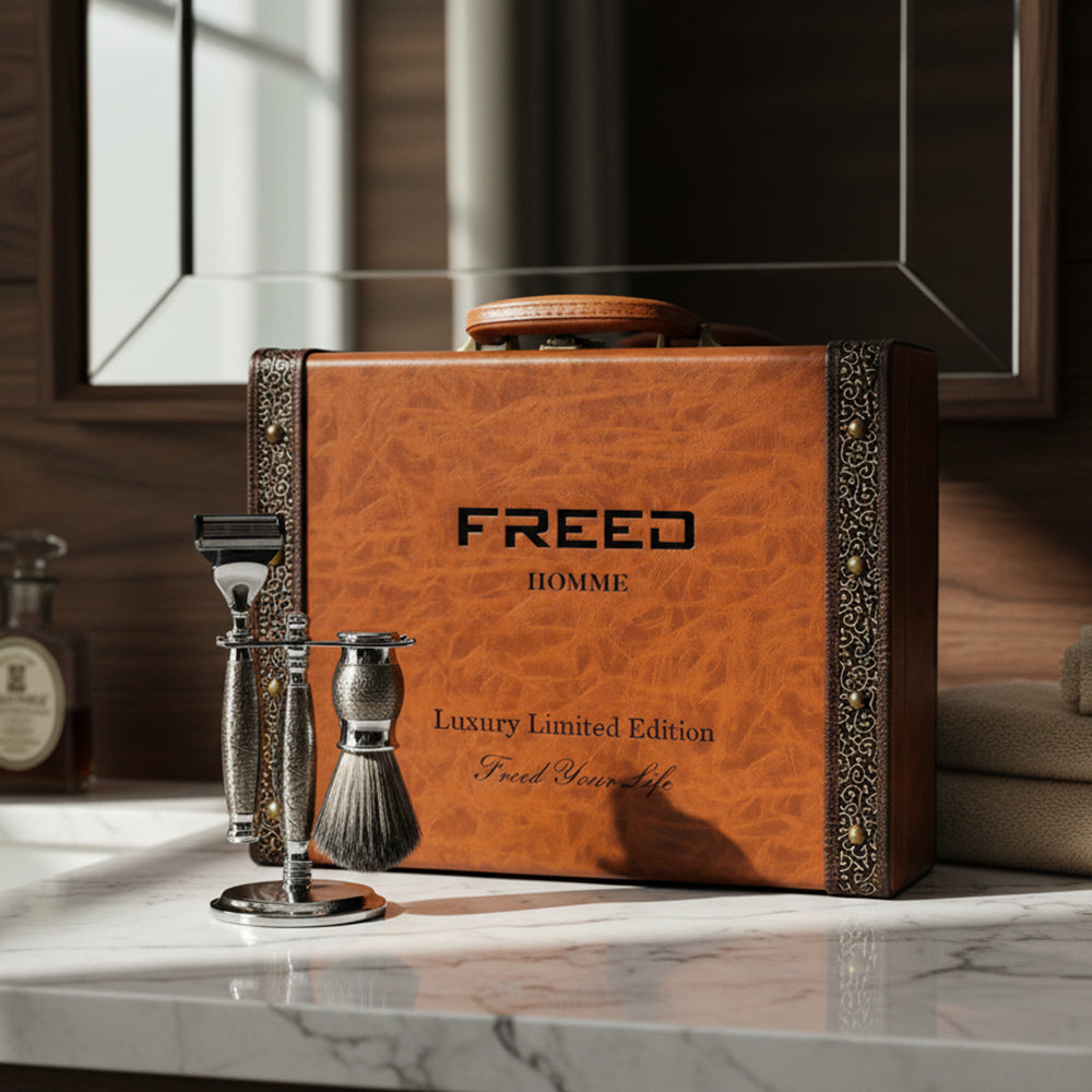 FREED 【兩週年紀念款】 豪華典藏版刮鬍刀禮盒 - 蝕刻雕花鍍鎳版 商品情境展示