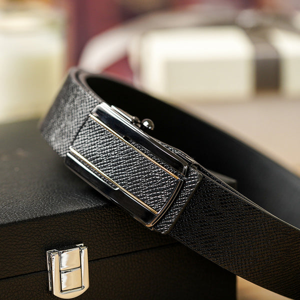 【FREED】手掌紋商務真皮自動皮帶 - 黑銀