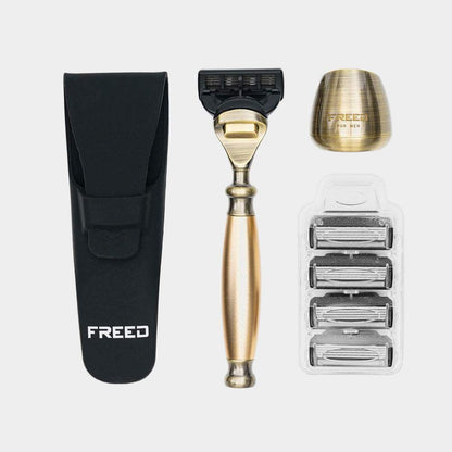 古銅色五刀式刮鬍刀，尊爵禮盒。FREED 客製化刻字。