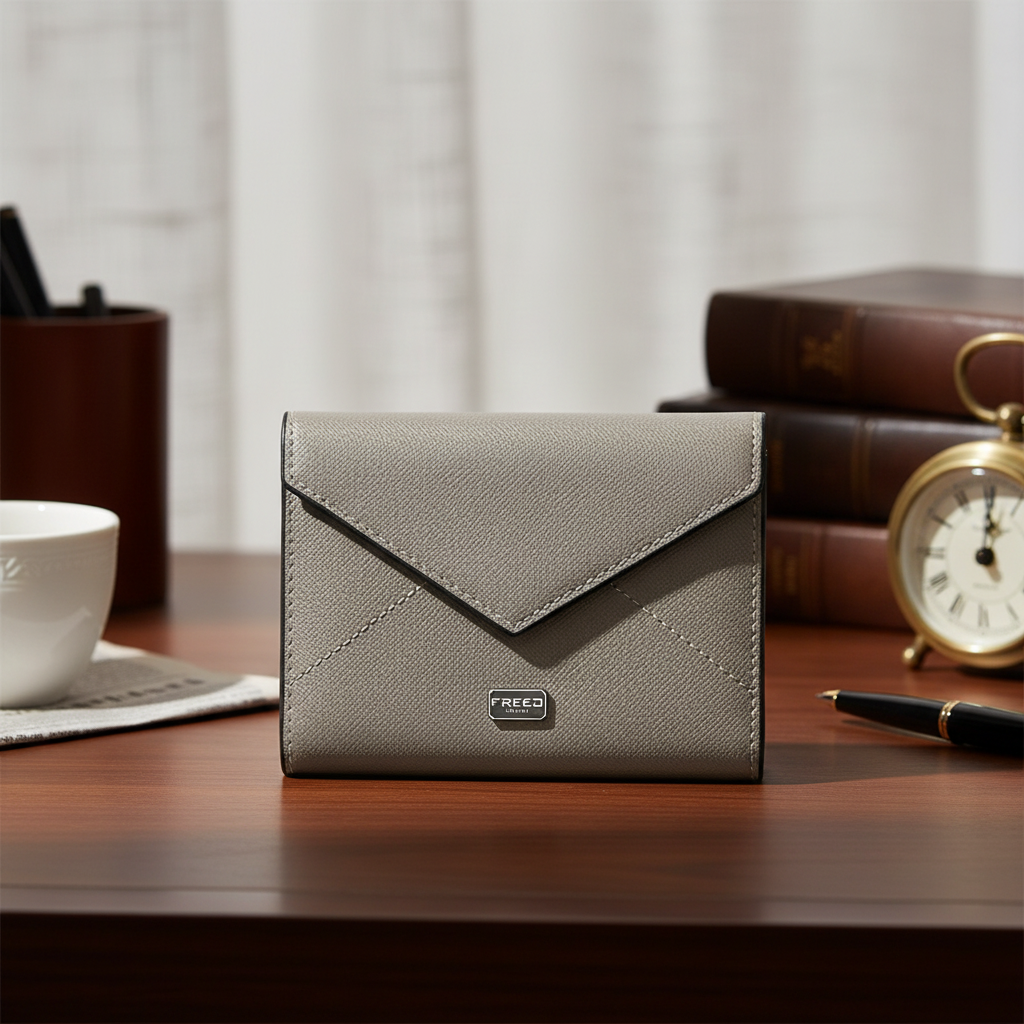 Saffiano十字紋，鉑金灰，桌上特寫。FREED 客製化刻字。