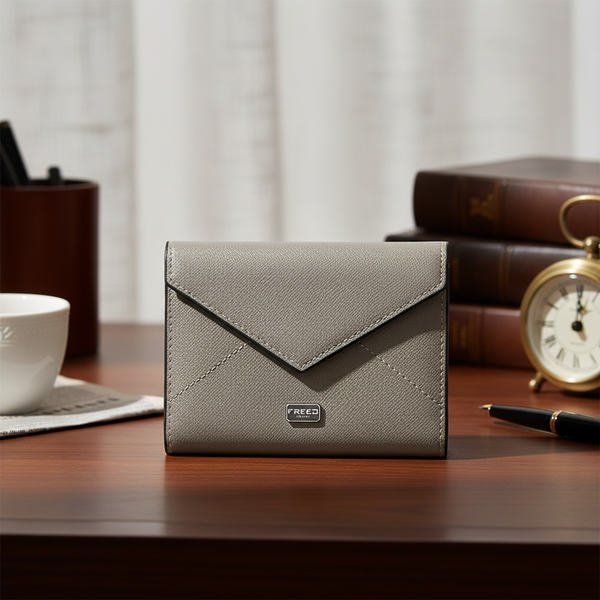 Saffiano十字紋，鉑金灰，桌上特寫。FREED 客製化刻字。