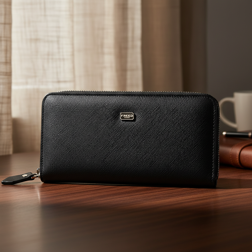 黑色 Saffiano 十字紋皮革長夾，FREED 客製化刻字