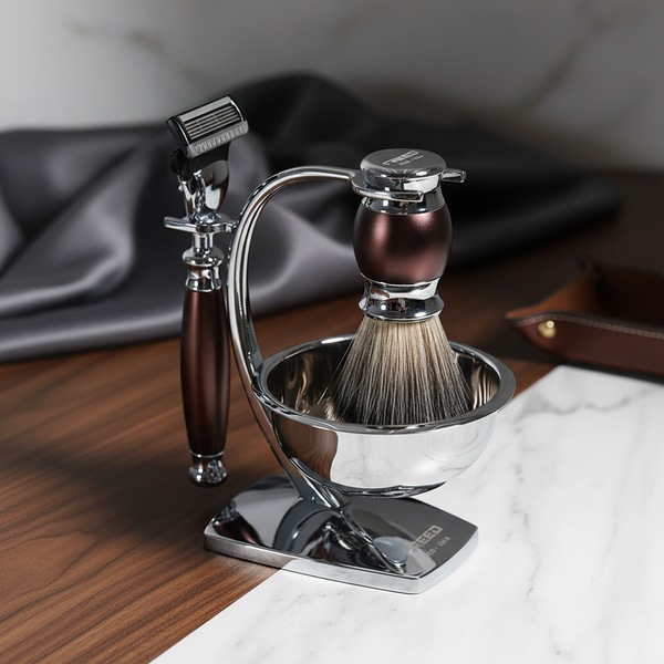 仿紫紅壇木材質，鍍鉻光澤，溫和刮鬍。FREED 客製化刻字。